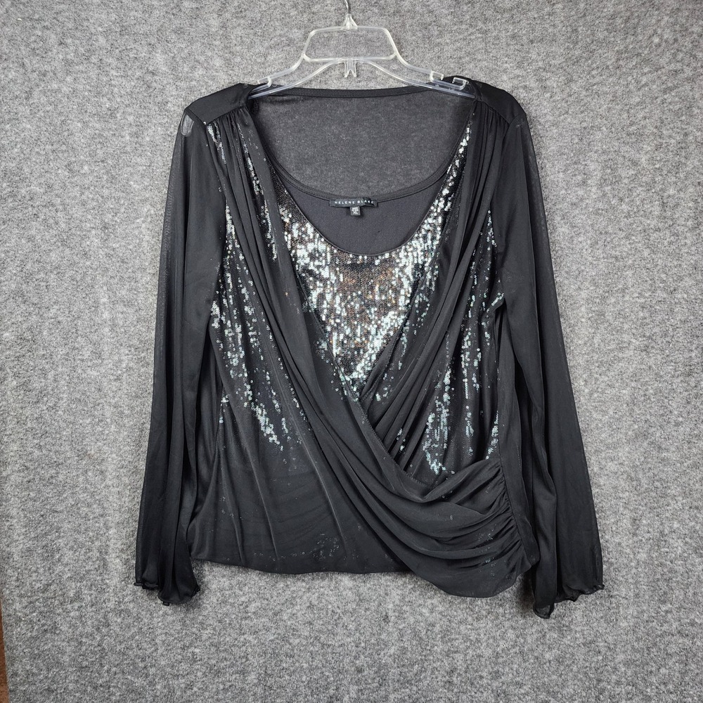 Helene Blake Blouse Women XL Black‎ Sequin Mesh Draped Wrap Long Sleeve Top